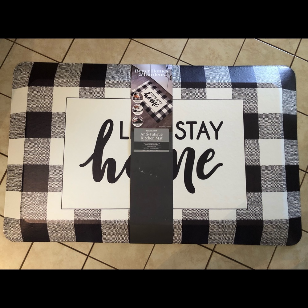 Better homes & Garden buffalo check anti fatgue kitchen mat. “Let’s stay home”